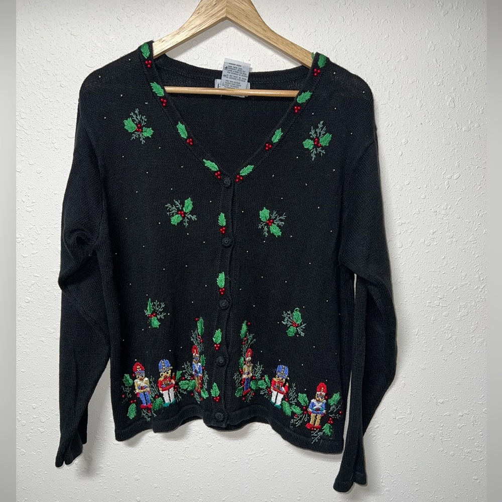 Vintage BP‎ Design Christmas Cardigan, Beaded Holly Berry and toy solders